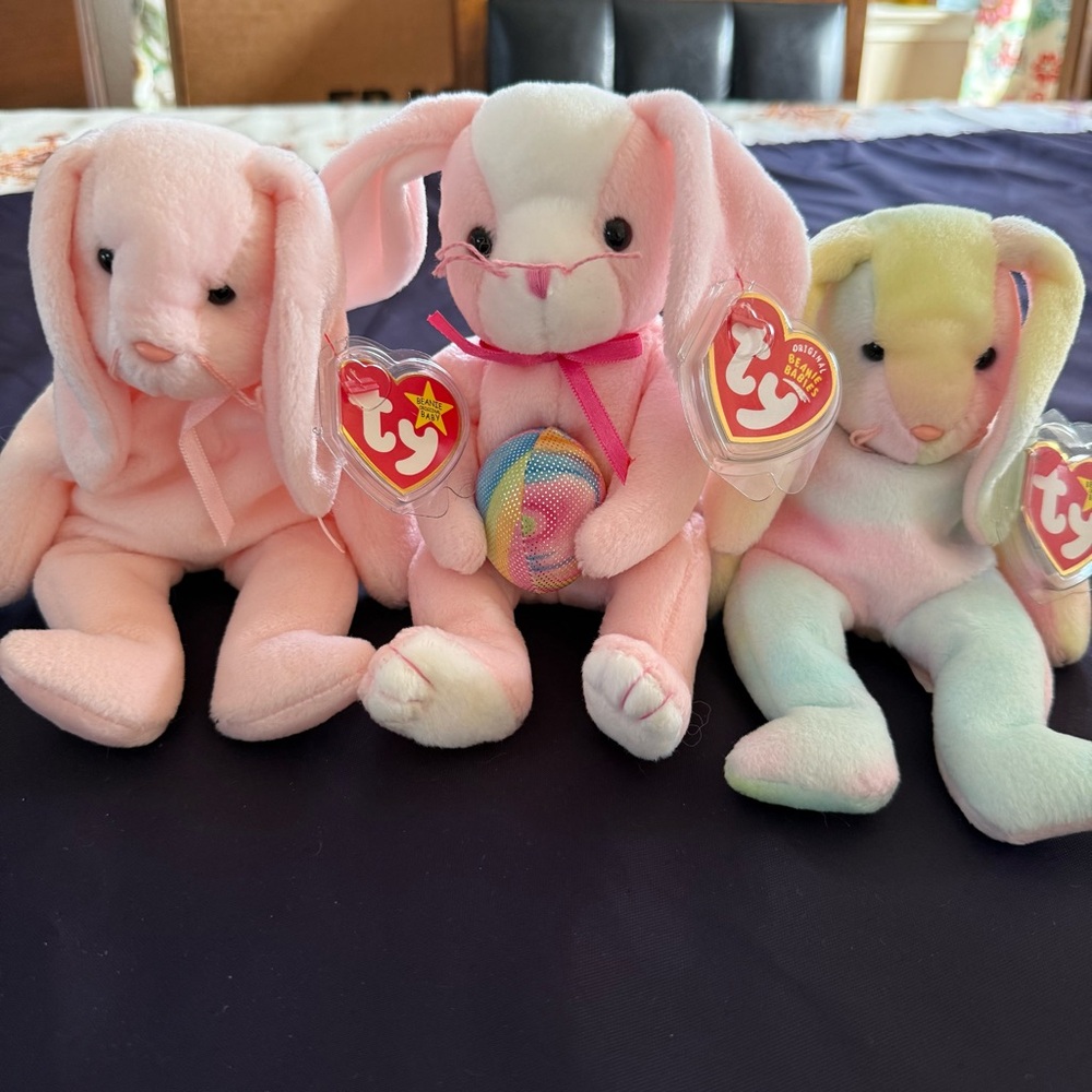 Ty Pink and Multicolored Beanie Baby Bunny Set